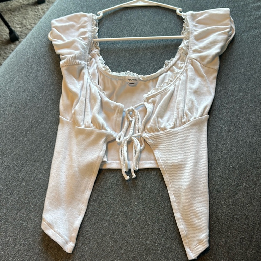 Garage puff sleeve tie front top